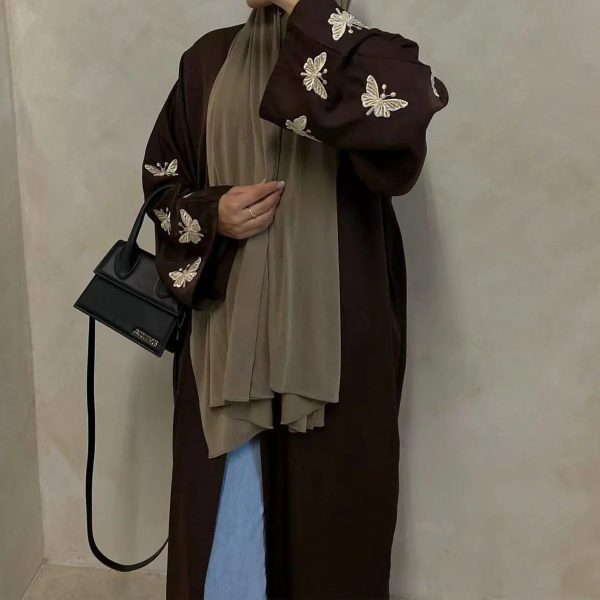 kimono abaya à papillons marron