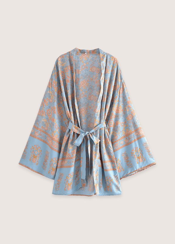 kimono court fleuri bleu-gris et rosé