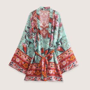 kimono court floral bleu et rose