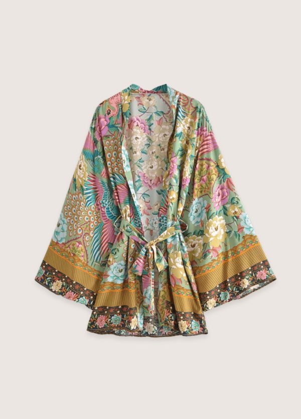 kimono court plage paon fleuri