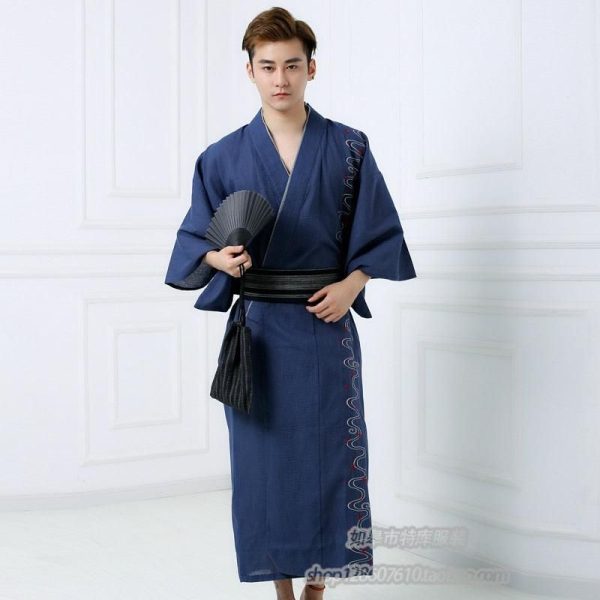 kimono japonais homme coton bleu
