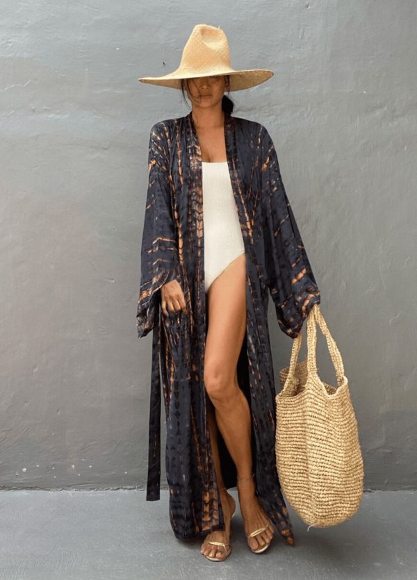 kimono long anthracite à imprimé tie dye