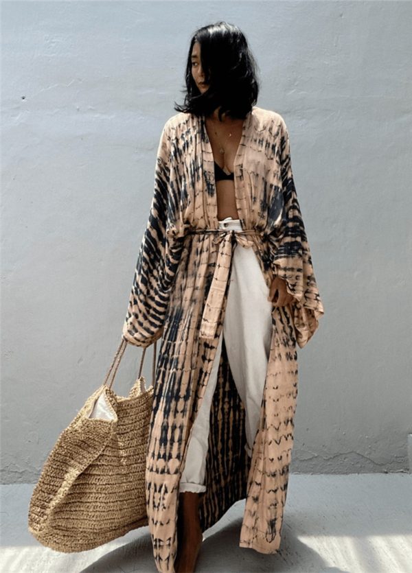 kimono long beige rosé à imprimé tie dye