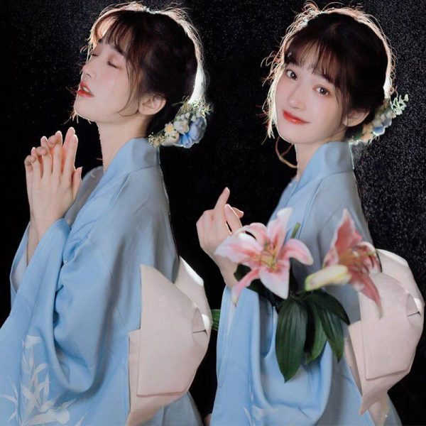 kimono long bleu japonais