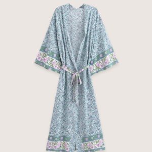 kimono long floral turquoise