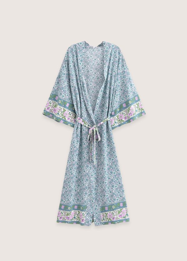 kimono long floral turquoise