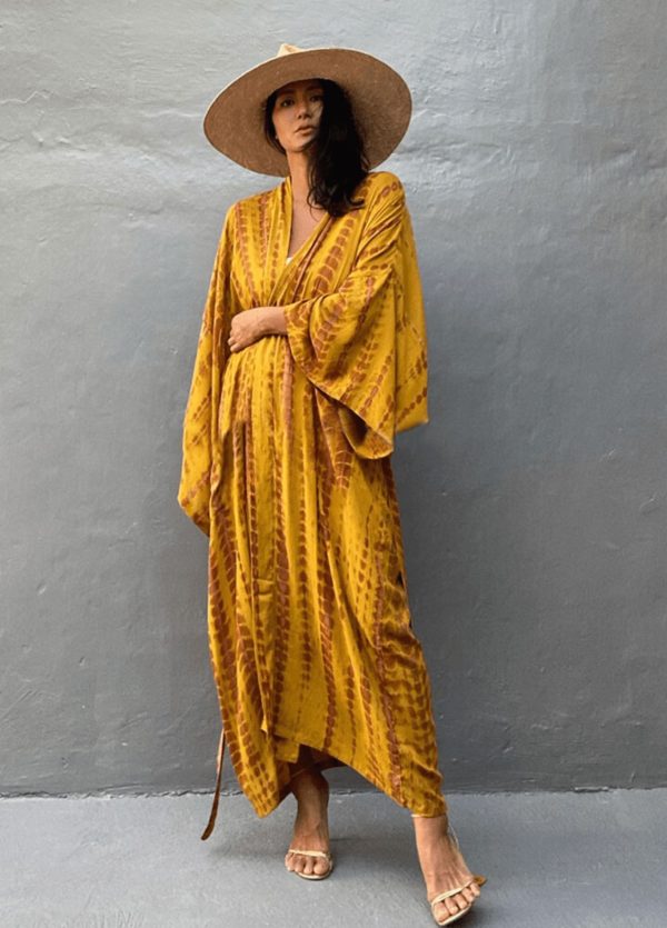kimono long jaune à imprimé Tie Dye avec ceinture