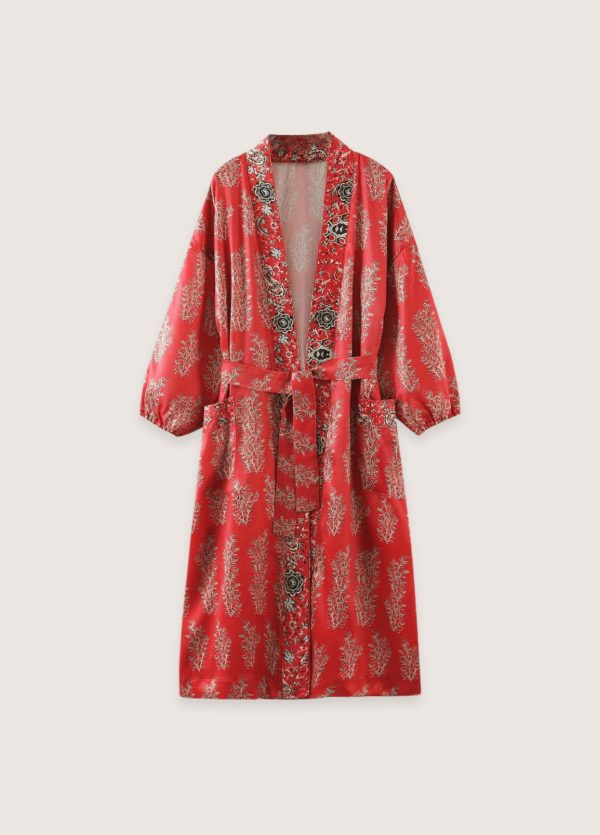 kimono long rouge à motif fleuri