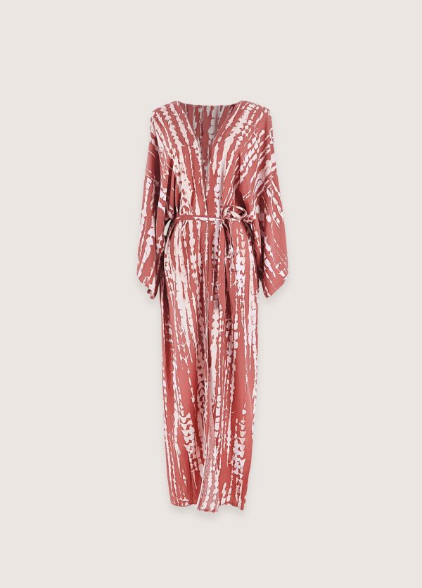 kimono long terracotta à imprimé tie dye